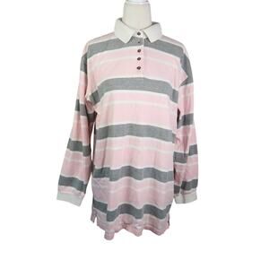 Vintage 90s BP Nordstrom Light Pink and Grey Rugby Stripe Polo Long Sleeve Top M